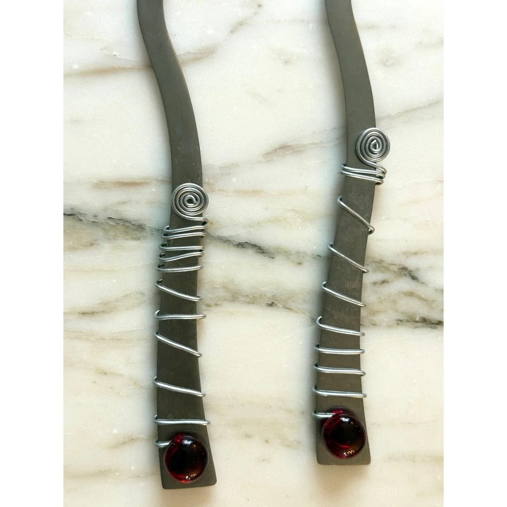 Vintage Y2K Handmade Stainless Steel Salad Serving Set Red Glass Wire Wrapped